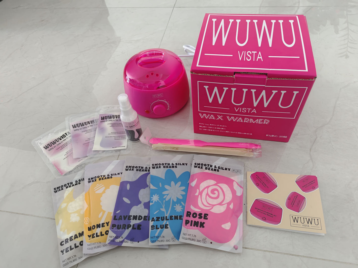 Waxing Kit WUWUVISTA 23 Items Hair Removal Wax Kit With Wax Warmer Waxing Beads For Face, Brazilian, Full Body, Bikini, Sensitiive Skin  Skin Suitable For Plugs Of American, European Specification