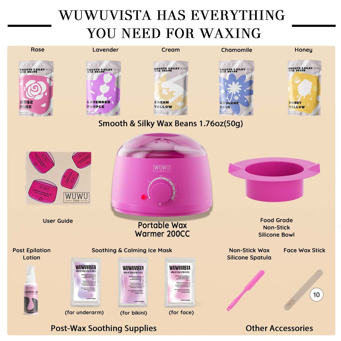 Waxing Kit WUWUVISTA 23 Items Hair Removal Wax Kit With Wax Warmer Waxing Beads For Face, Brazilian, Full Body, Bikini, Sensitiive Skin  Skin Suitable For Plugs Of American, European Specification